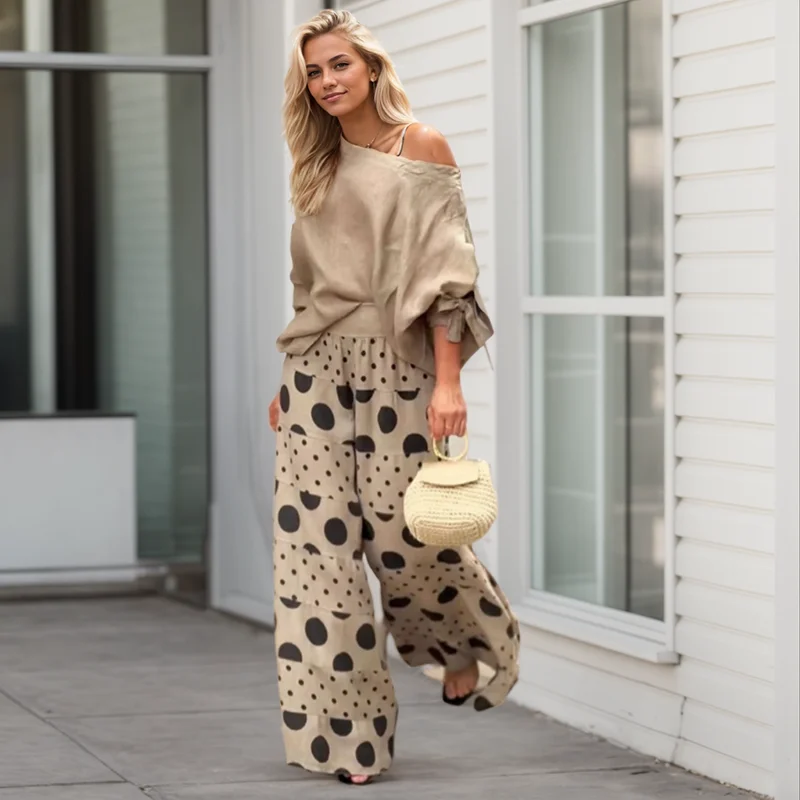 Fashion High Street Outfits Casual Diagonal Neck Hollow Top with Wide Leg Pants Sets Dot Prints Multi-layer Splice Pants Female