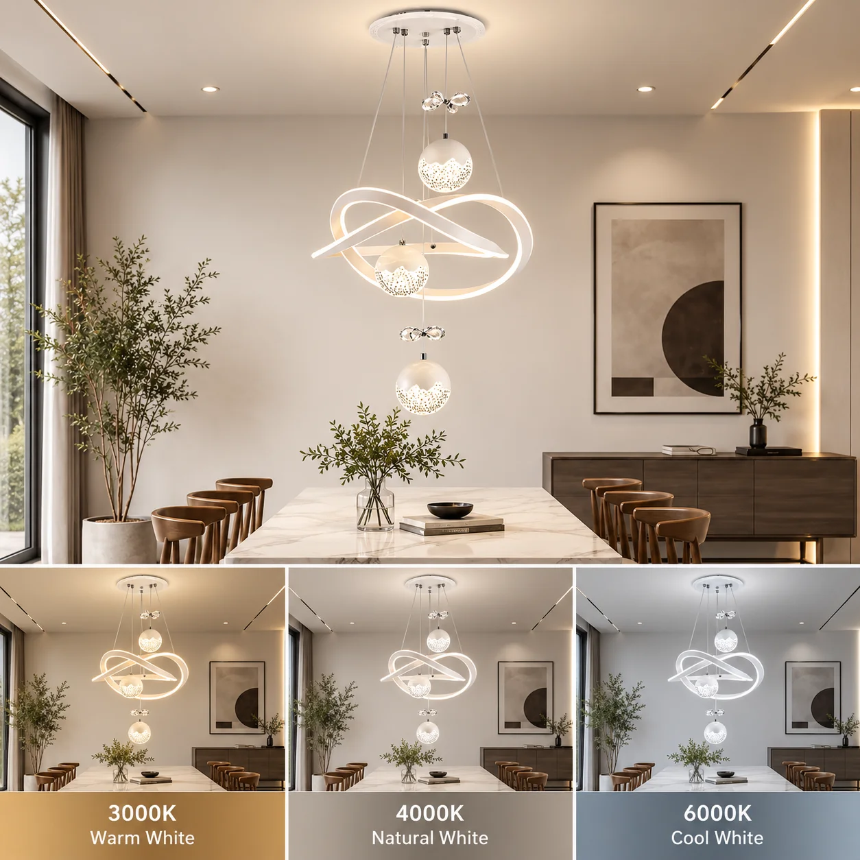 Modern  LED Pendant Light, 3‑Sphere Crystal Chandelier, 3 Color Changing (3000K/4000K/6000K), Adjustable Hanging Cord, Luxury Ring Ceiling Hanging Lamp, Decorative Light Fixture for Bedroom Living Room Dining Room Home Decor