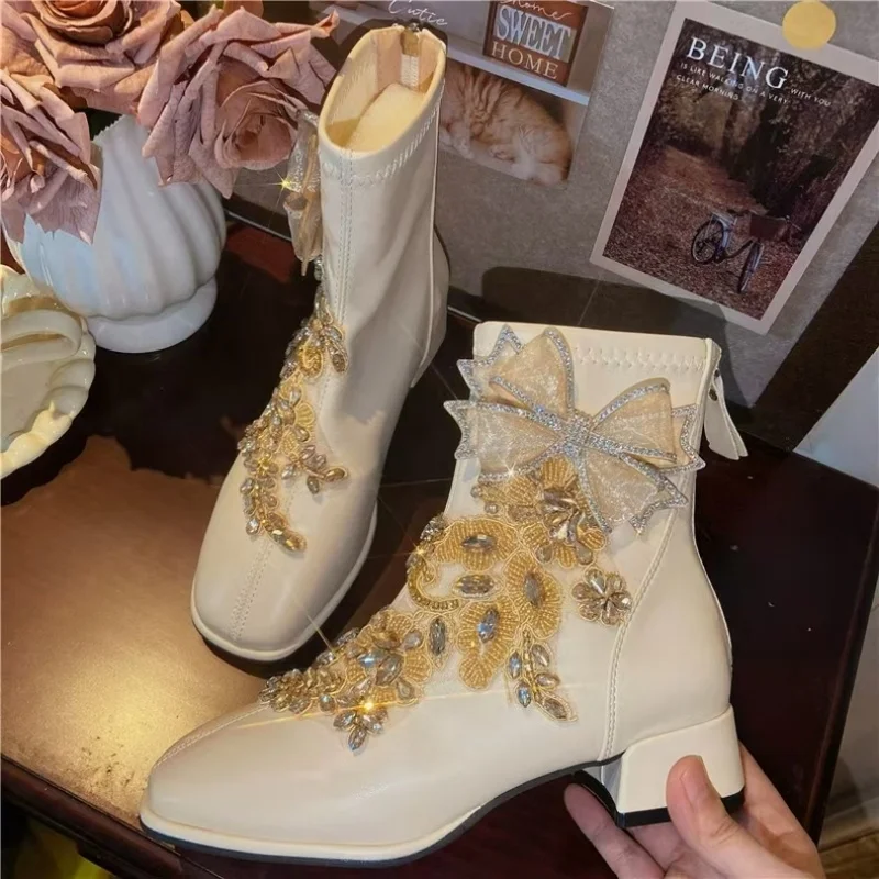 Heavy industry water diamond beaded lace fashionable leather boots, apricot-colored square toe exquisite high heels 35-40