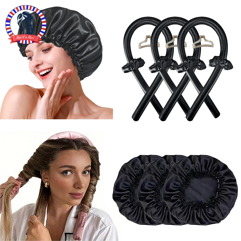 

Wholesale 3/6pcs Heat Free Hair Curler Satin Silk Sleeping Cap Set Headwrap for Natural Curly Hair Wave Sleeping Curling Tool