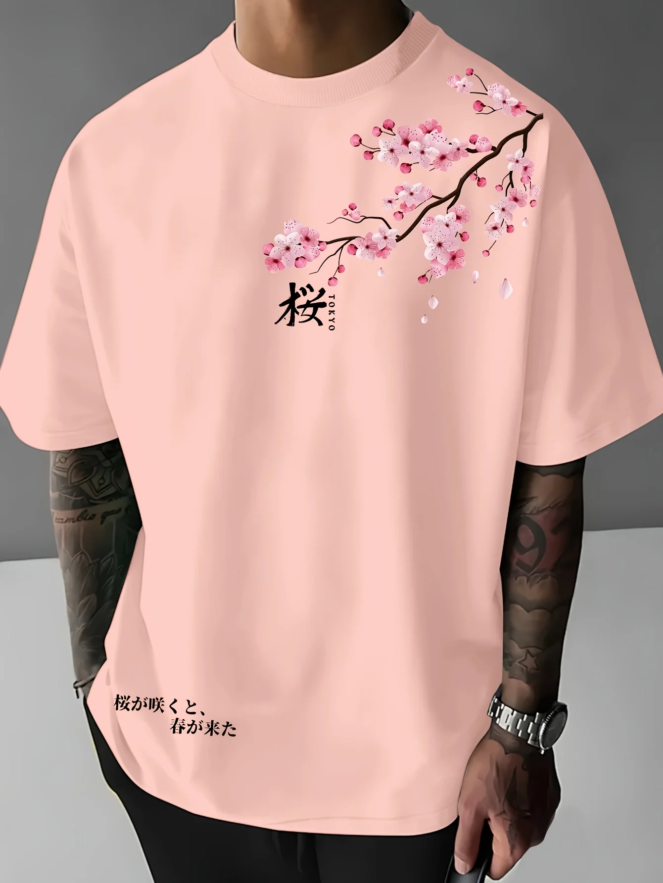 Mens Summer Cherry Blossom Pattern T-shirt Loose Fit Suitable for Casual Wear 100% Pure Cotton Material Trendy and Versatile