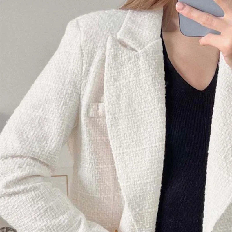 Women Clothing Jacket Spring Fashion Suits Double Breasted Tweed Blazer Coat Vintage Long Sleeve Female Outerwear Chic Top