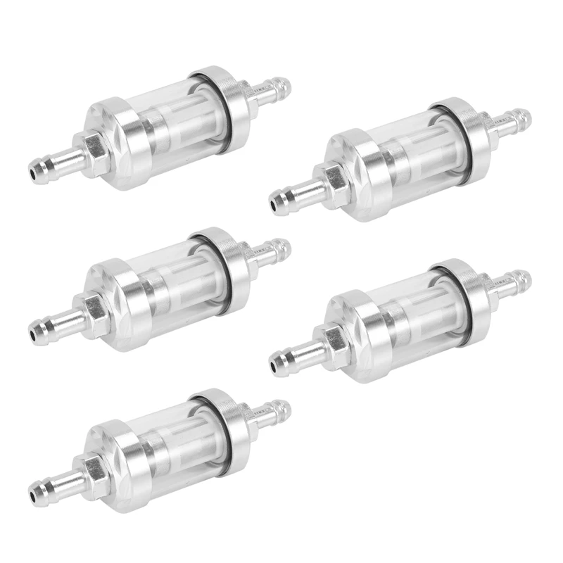 5X Universal Chrome Glass Fuel Petrol Crude Oil Engine Inline Filter 5/16 Inch 8Mm Silver For Motorcycles