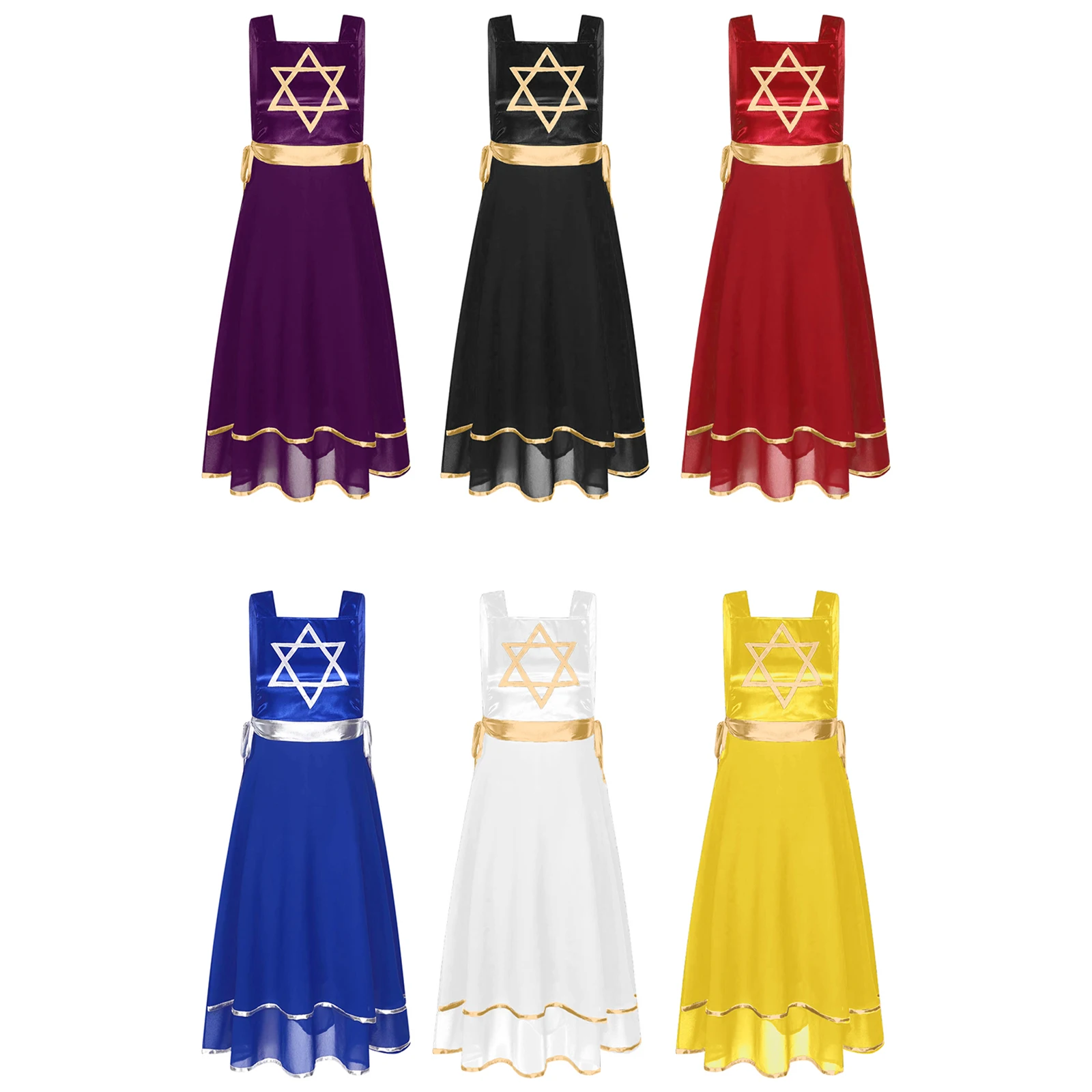 Womens Praise Choir Dress Liturgical Performance Tunic Dance Dress Metallic Patchwork Lace-up Sides Split Sleeveless Dress