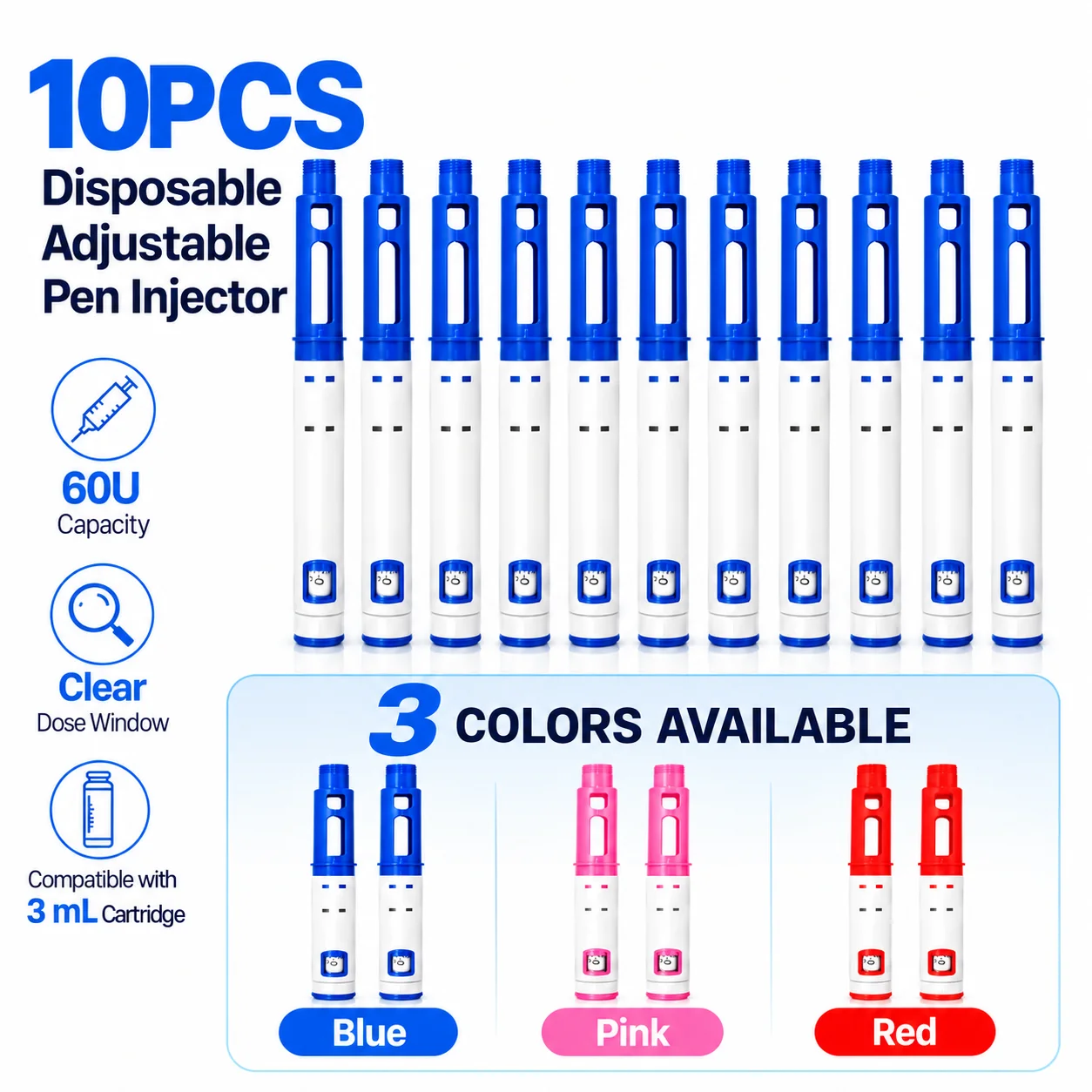 10PCS Disposable Adjustable Insulin Injection Pen 60IU 3ml Precise Dosing Portable Subcutaneous Pen Injector