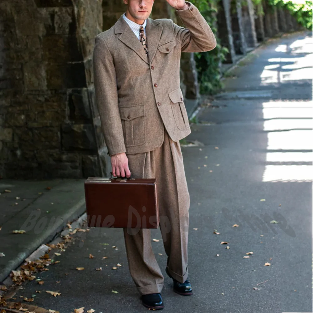 Vintage Brown Wool Men's Suit 2 Piece Multi Pocket Blazer with Pants Straight Fit Retro Formal Business Casual Party Streetwear