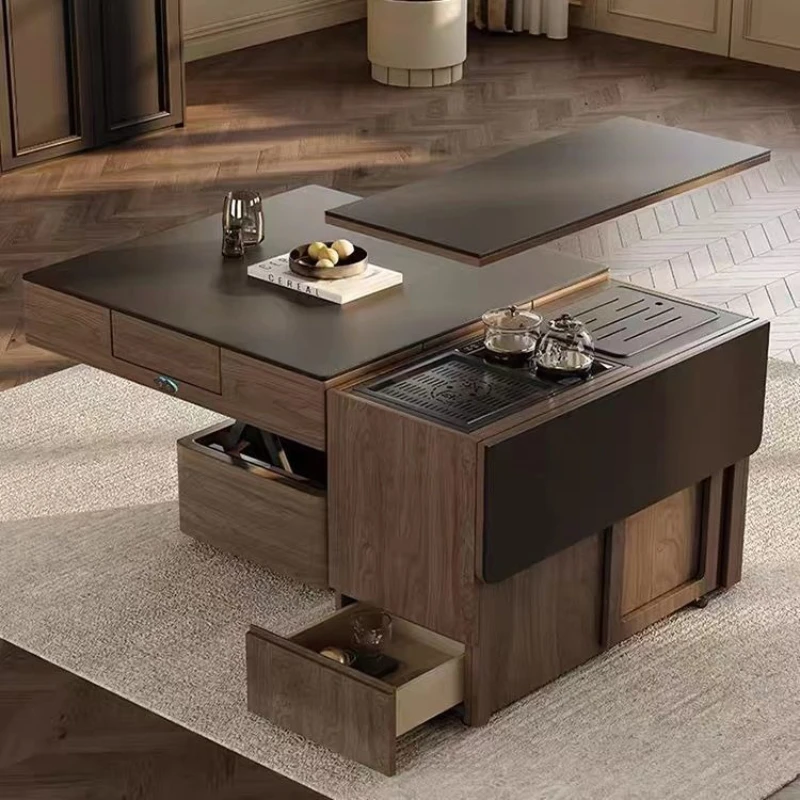 Folding rock slab dining table mahjong table combination integrated lifting tea coffee dual-purpose household small
