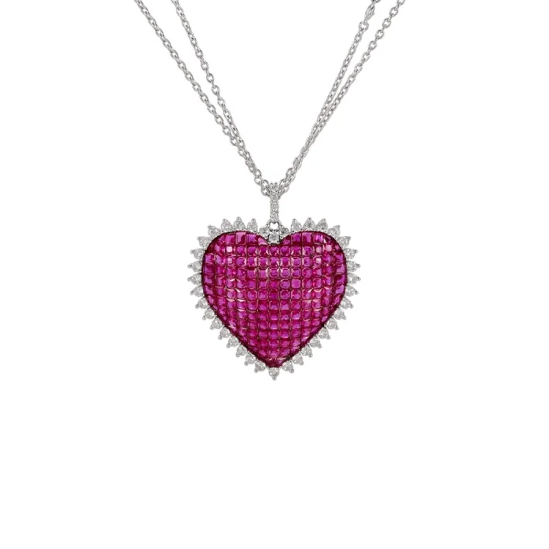 Double Chain Red Heart Shape Sterling Silver Necklace 18k Gold Plated Ruby CZ Diamond Necklace Women Wholesale Jewelry image 5