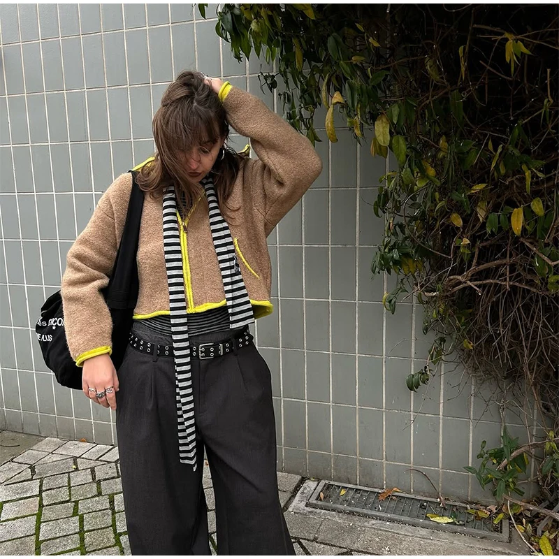 المرأة عادية اللون حجب محبوك بالأزرار الوقوف طوق سستة جيب سترة قصيرة الشتاء اليومية تخفيف الشارع تريكو #6