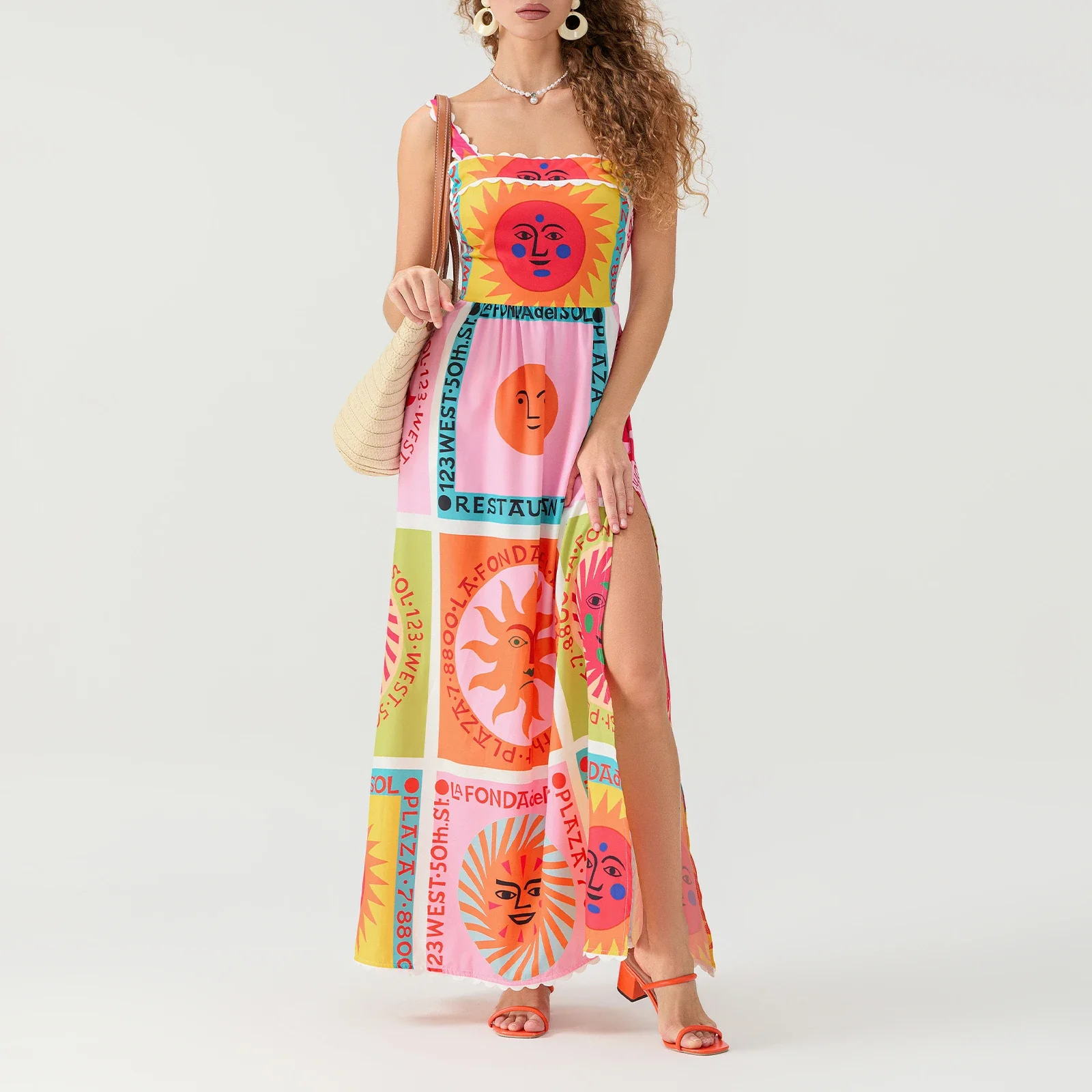 

Fashion Women Cami Dress Sun Smile Face Print Side Pockets Sleeveless Dress Beach Holiday Slit Long Dress Streetwear