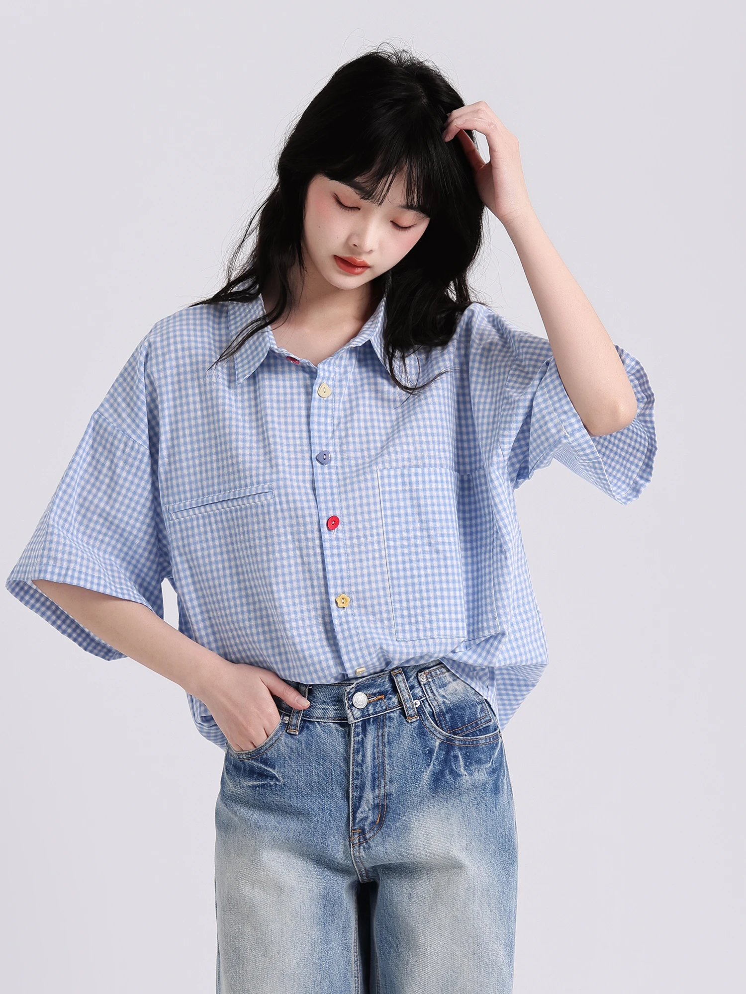 Top casual da donna allentato scozzese blu ort Sve irt Summer Sweet Versatile Button up coreano Sle Commute Faion