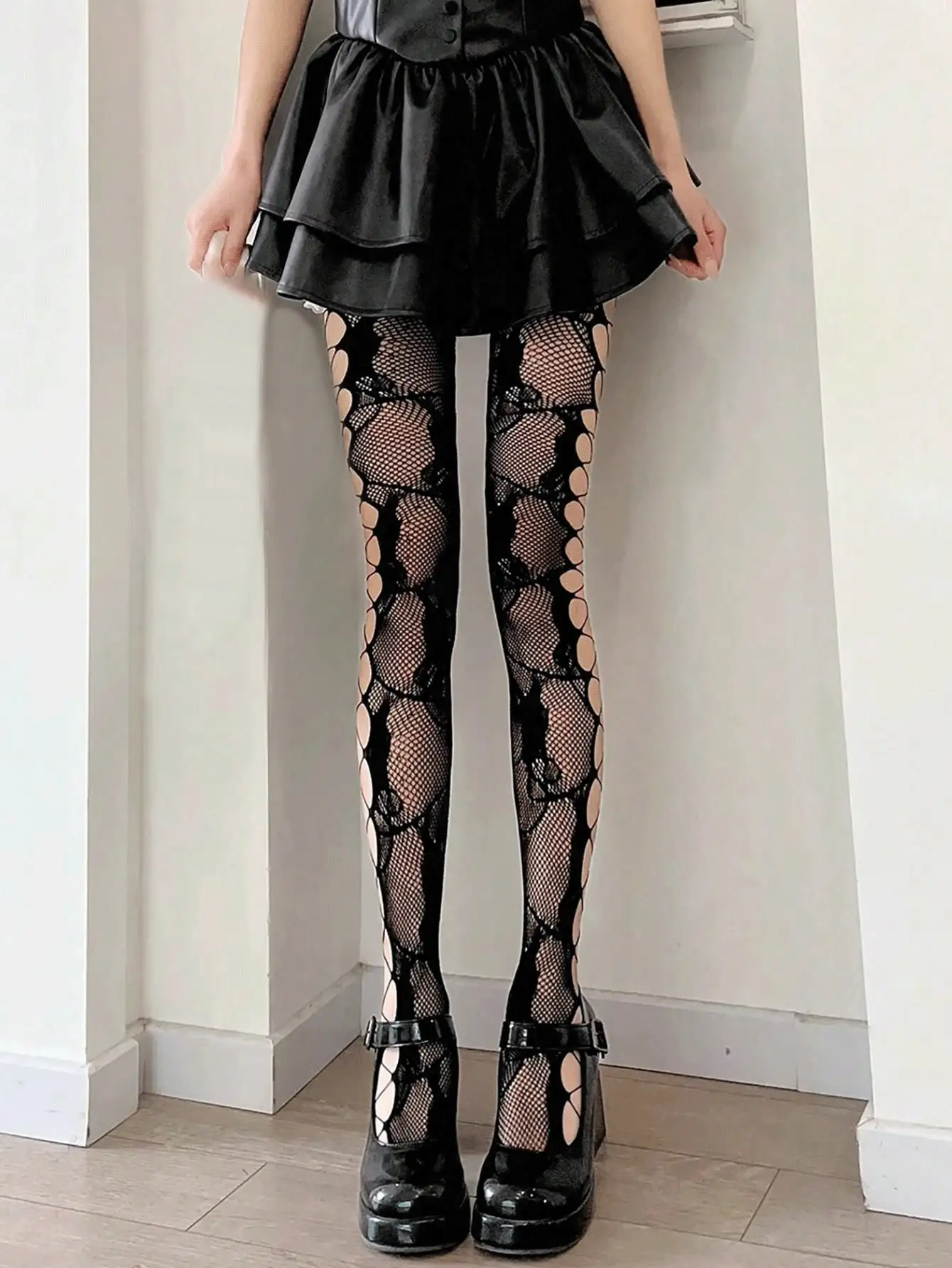 

Black Lace-Up Side Cutout Fishnet Stockings with Floral Mesh Design