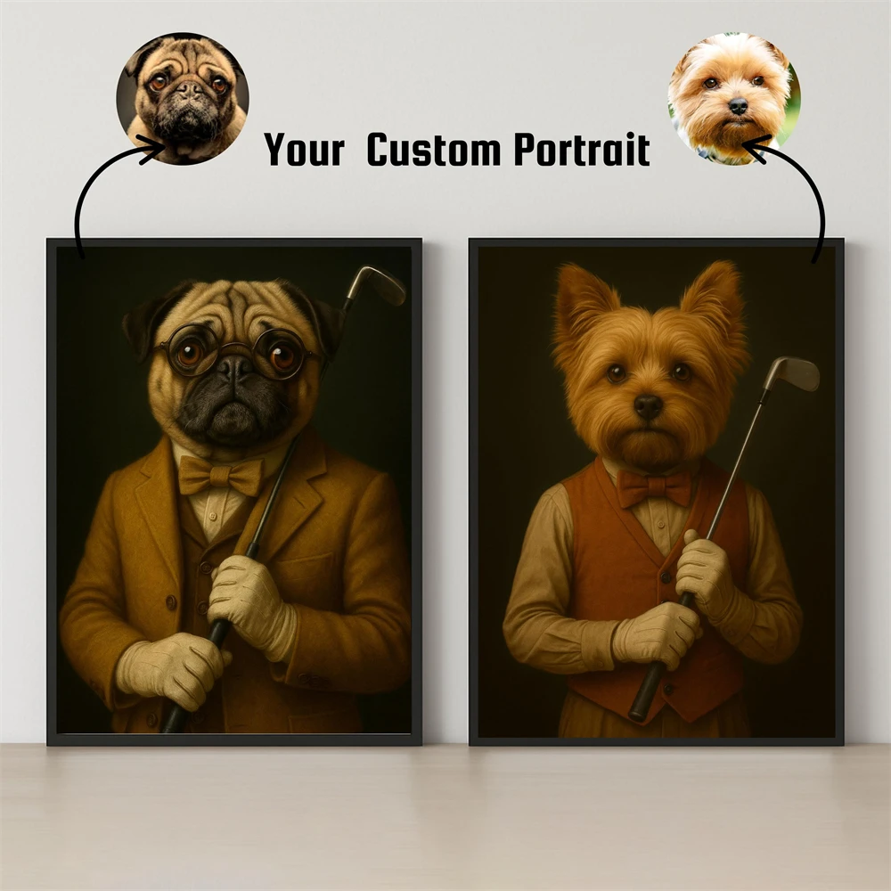Custom Golf Dog Portrait Poster Funny Pet Portrait Print Retro Cat Dog Portrait Canvas Painting Golfer Pet Print Canvas Painting