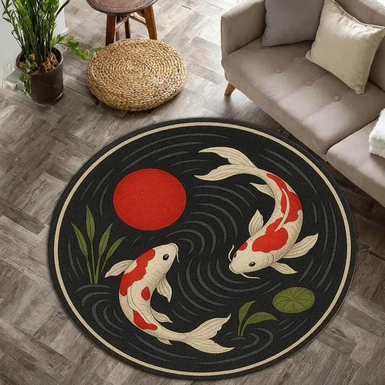 Koi Circular Carpet Visual 3D Lotus Pond Carpet Oriental Japanese Living Room and Bedroom Decorative Floor Mat Rug
