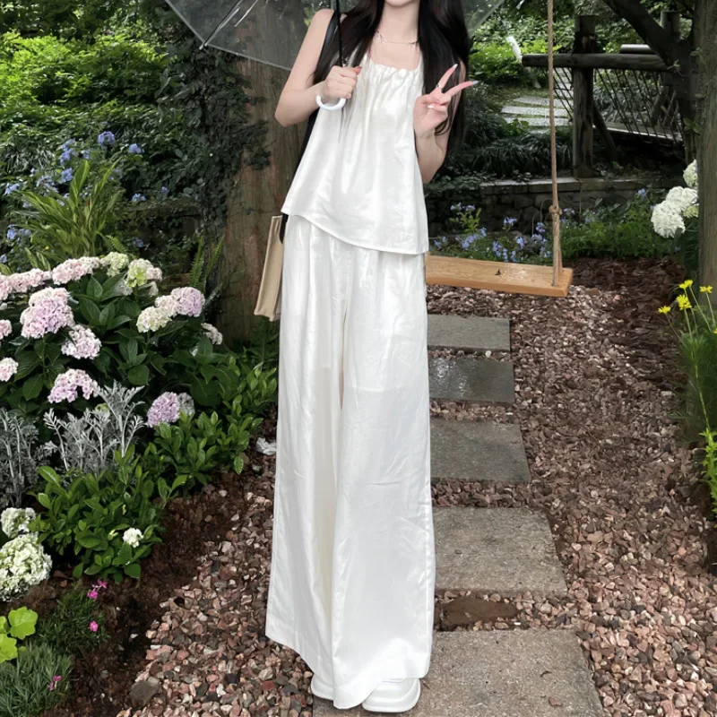 Cool Refresh Set Women Sleeveless Suspender Top 2024 Summer Korean Style Straight Wide Leg Pants Elegant Casual Two-Piece Set