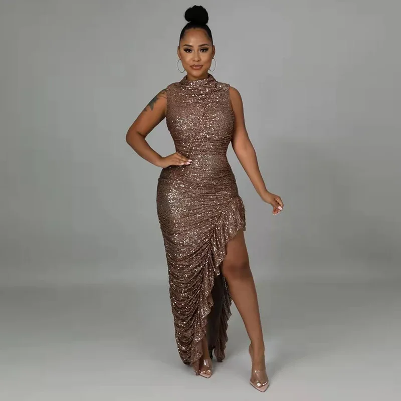

Sexy women's new beaded sleeveless tight slit pleated dress dress