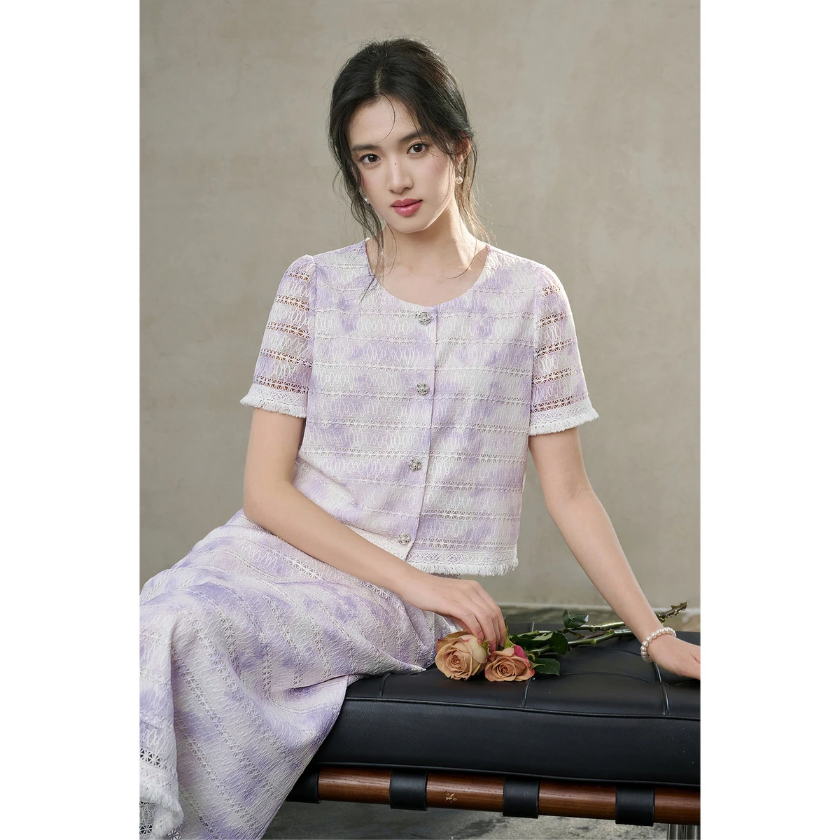 

SENTUBILA Women's Elegant Purple Set 2026 Summer Blurred Hollow-out Print Cropped Top with Tassel Slit Straight Skirt 162ZK6288