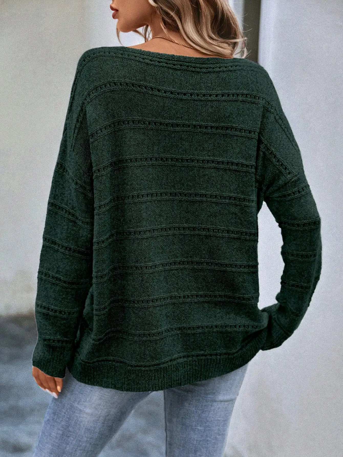 Women Boat Neck Solid Knit Sweater Long Sleeve Drop Shoulder Loose Pullover Textured Knitted Top