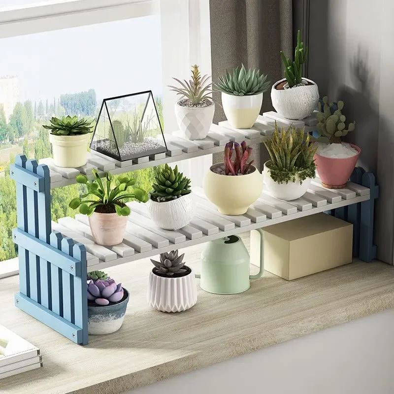 Modern minimalist bamboo double layered flower rack, windowsill plant rack, desktop flowerpot rack, ornament storage rack