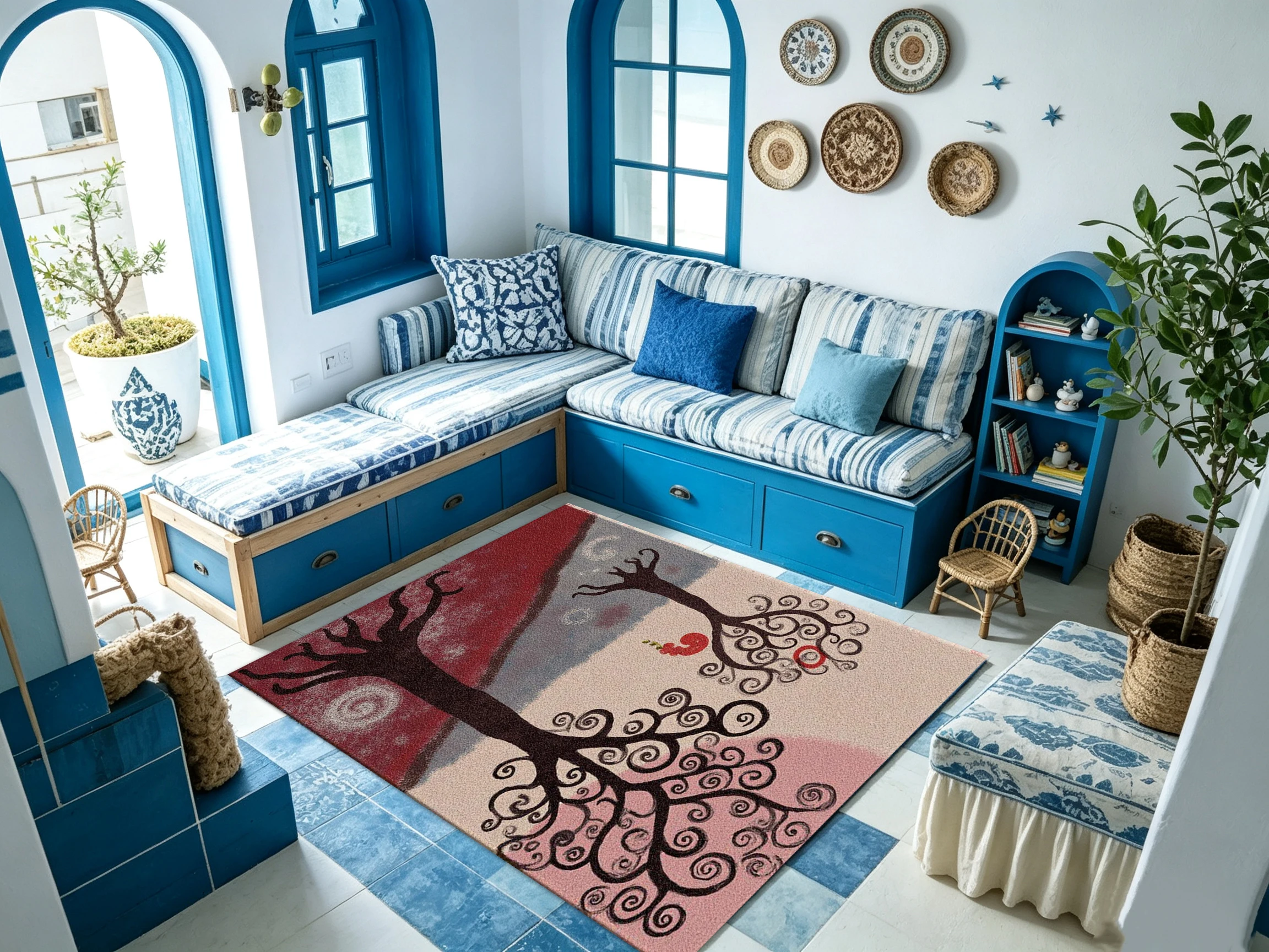 Abstract Curly Tree Shape Folk Art Carpet Creative Painting Home Carpet Suitable for Living Room Bedroom Indoor Home Decoration
