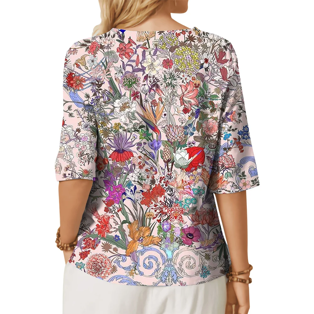 CLOOCL Women Blouses Fantasy Garden 3D Printed Floral Shirt Middle Sleeves Tee with Button Decorate Ladies Elegant Casual Tops