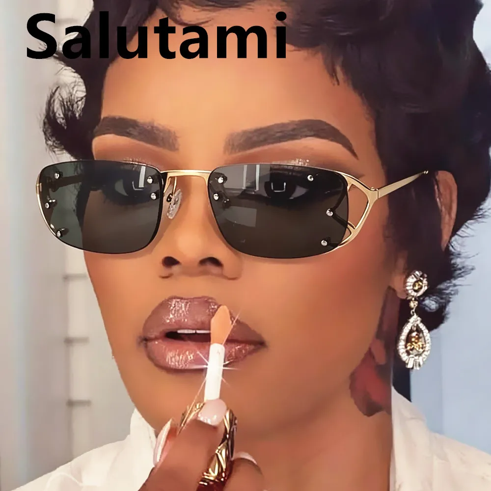Hohle, rahmenlose, quadratische Sonnenbrille für Damen, neue Mode, Legierung, Nieten, elegante Outdoor-Fahrbrille