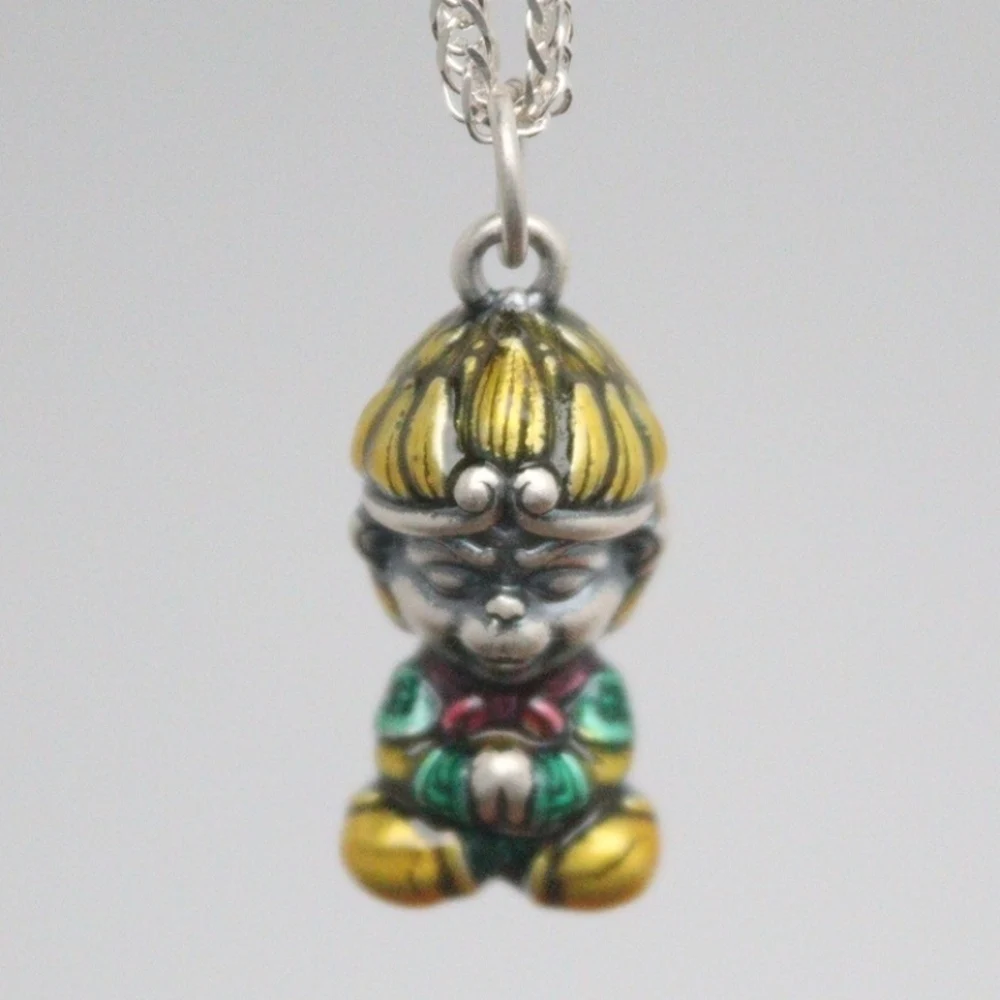 

Real Pure 999 Fine Silver Men Women Lucky Retro Enamel Colorful Monkey King Pendant