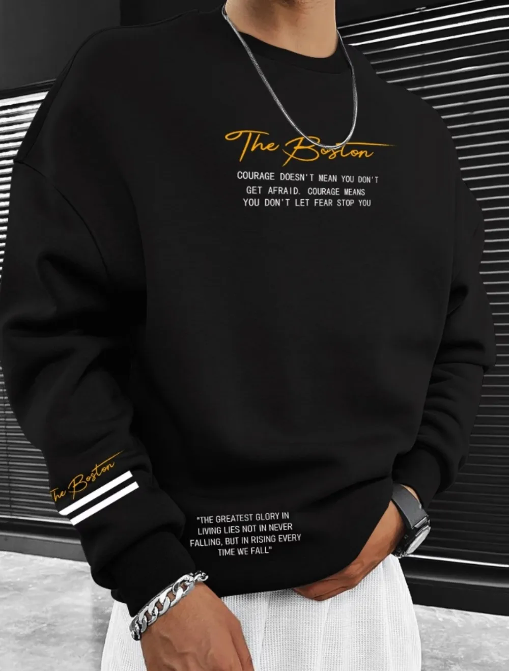 New men's autumn vintage Boston letter print soft and comfortable round neck long sleeved T-shirt outdoor casual top