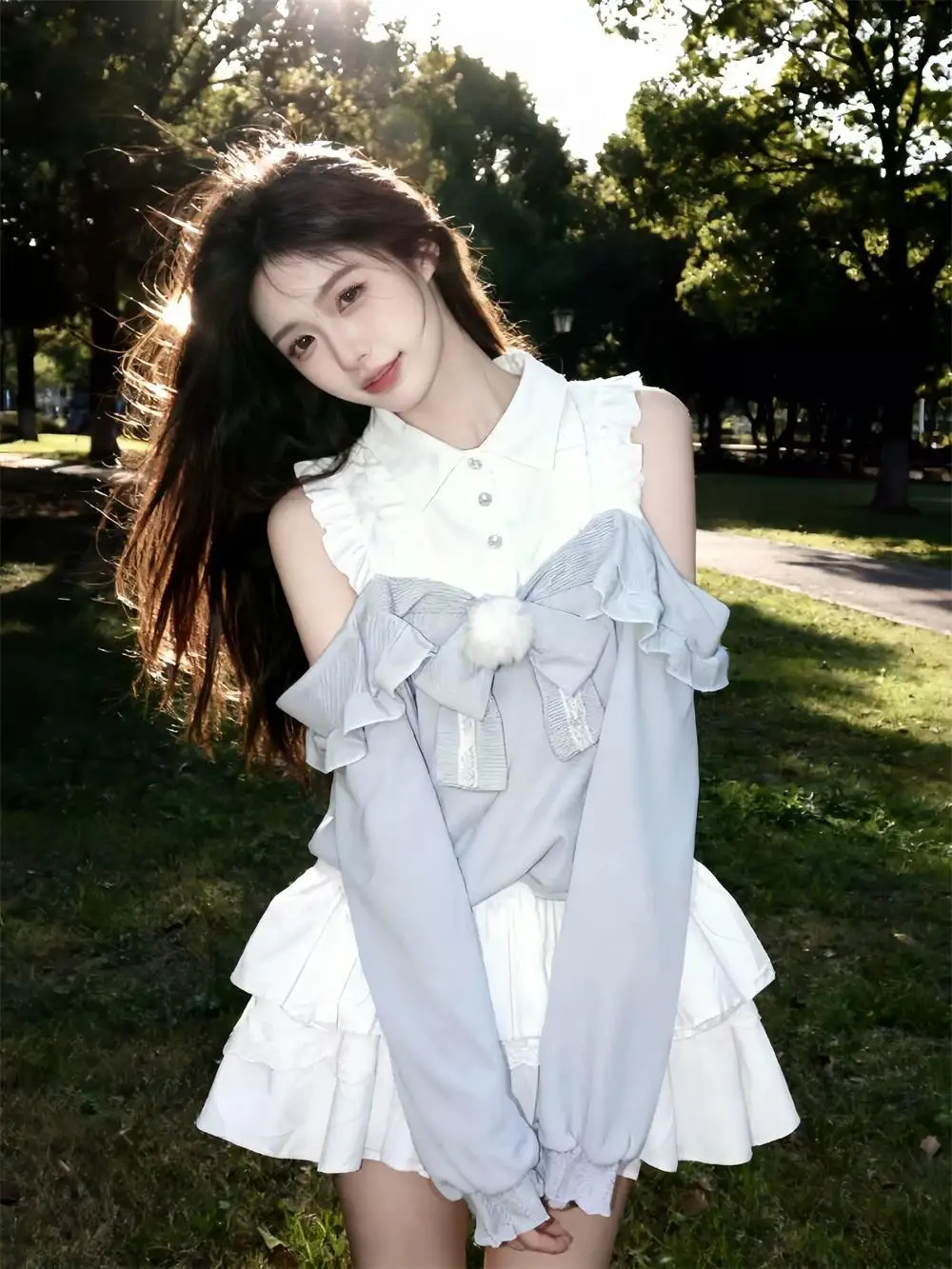 

Elegant School Style Shoulder Bared Long Sleeve Neck Top And Short Skirt Set Simple Versatile Sweet Style Spring Summer ...