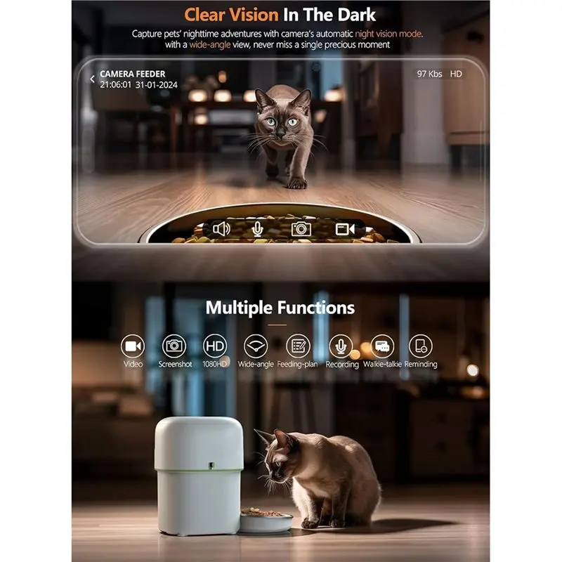 【Festival】Cat Feeder With 1080P HD Camera Automatic 5G Wifi Smart Pet Food Dispenser Kibble Delivery System For Dogs For Cats Bl