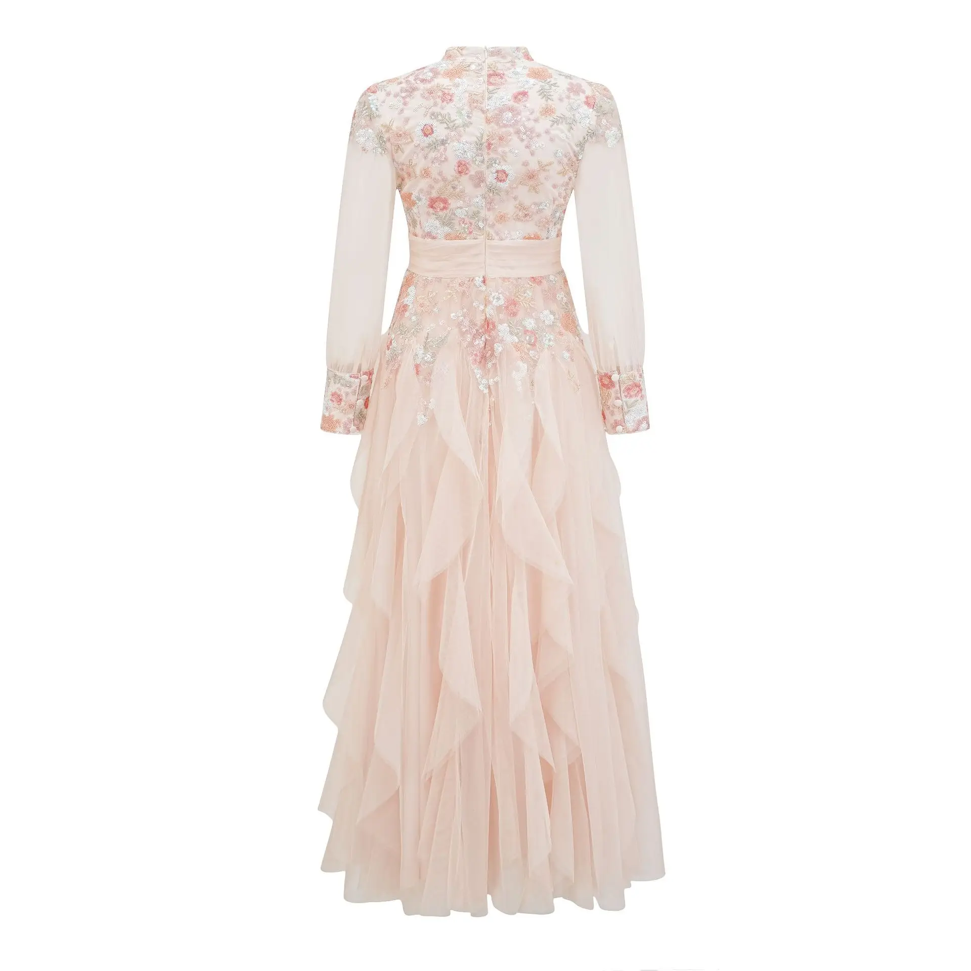 سيدة أنثى نمط العرقية مع جولة الرقبة، زهرة رائعة عالية الخصر تنورة طويلة، فستان مأدبة الحفلات السنوية، الملابس النسائية