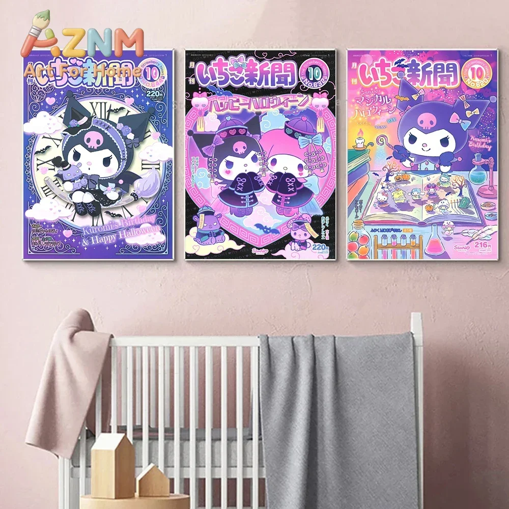 AZNM Sanrio Kuromi Cinnamoroll Canvas Wall Art Frameless Poster Cute Cartoon Magazine Cover Print Home Decor for Girls Bedroom