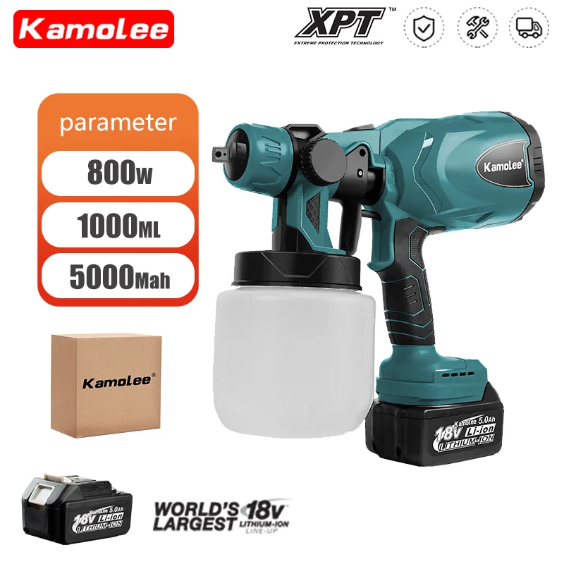 

Kamolee Electric Spray Gun Cordless Handheld Paint Sprayer 800ml Auto Furniture Steel Coating Airbrush Fit Makita 18-21V Battery