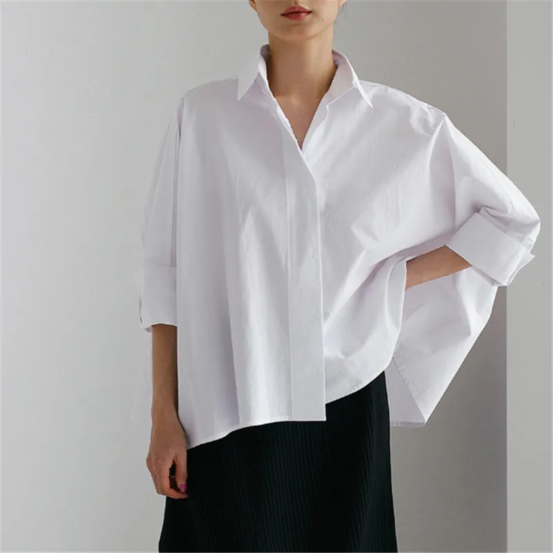 

Uslemon Women Stylish White Solid Color Lapel Blouses New Spring Autumn Long Sleeve Loose Causal Office Shirts Tops