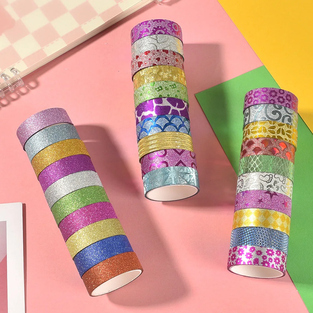 10 rotoli di adesivi glitterati a colori casuali Nastri adesivi di carta Etichetta decorativa fai da te Adesivi artigianali per l'imballaggio regalo della scuola dell'ufficio