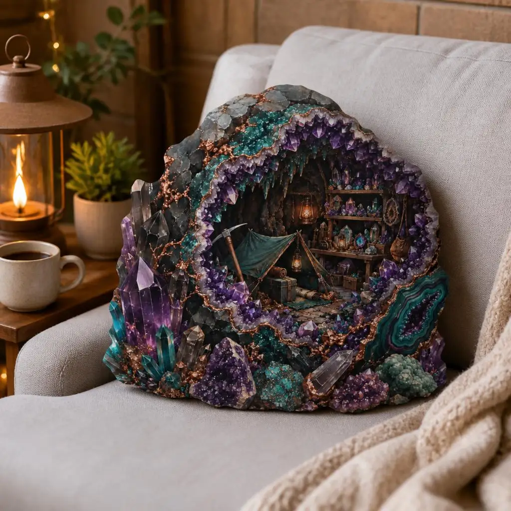 Crystal Cave Camp Pillow Geode Cushion Amethyst Rockhound Throw Pillow Fantasy Mineral Collector Home Decor Gift Cave Decor