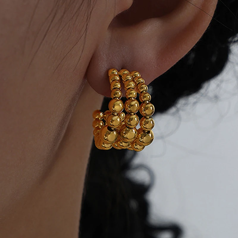 

Luxury Ball Beaded Stud Earrings For Women Gold Plated Stainless Steel Layered Round Circle Drop Earrings Fashion Jewrlry Gifts