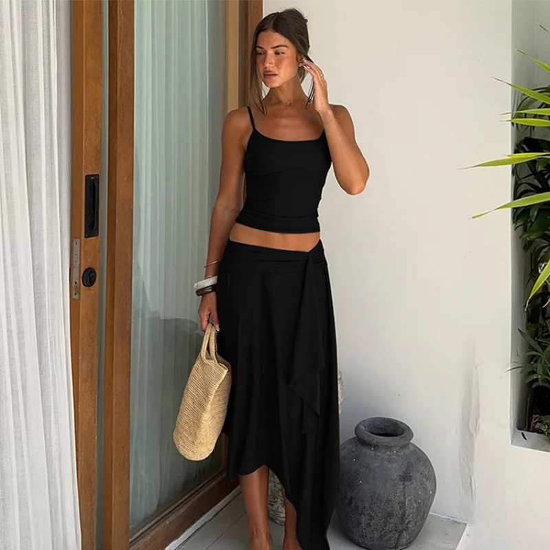TARUXY Fashion Sling Skirt Women's Suit Sexy V-neck Top Pleated Lrregular Skirt Set Hot Girl Club Party Casual Female Clothing