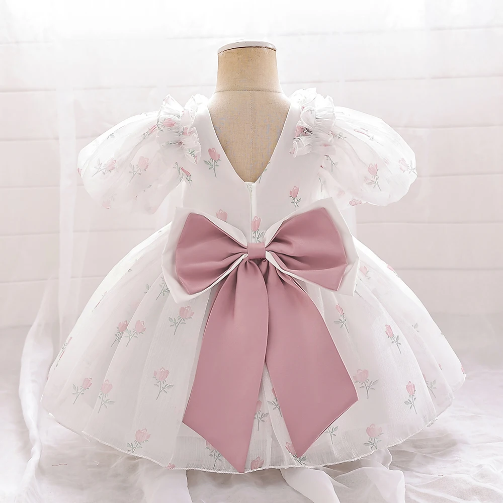 Baby Girl Flower Dress Fairy Bow Short Sleeves Princess Prom Dresses for Girls Birthday Party Kids Clothing Summer Weddidng Gown