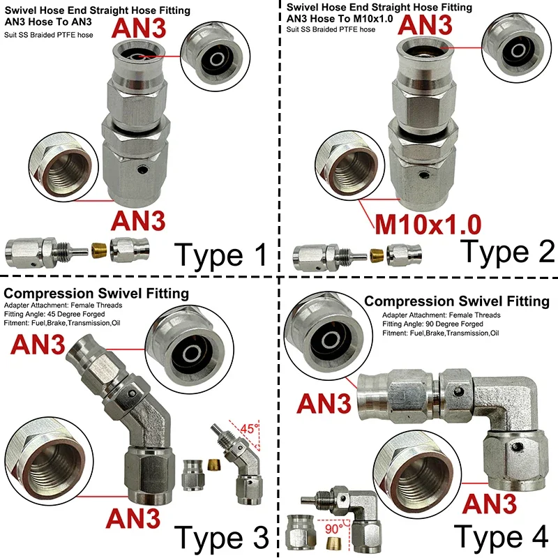 4X Stainless Steel 3AN Motorcycle Motor Bike Hydraulic Brake Oil Hose Line Banjo Fitting 3AN 10MM 0/28/45/90° Brake Line Adapter