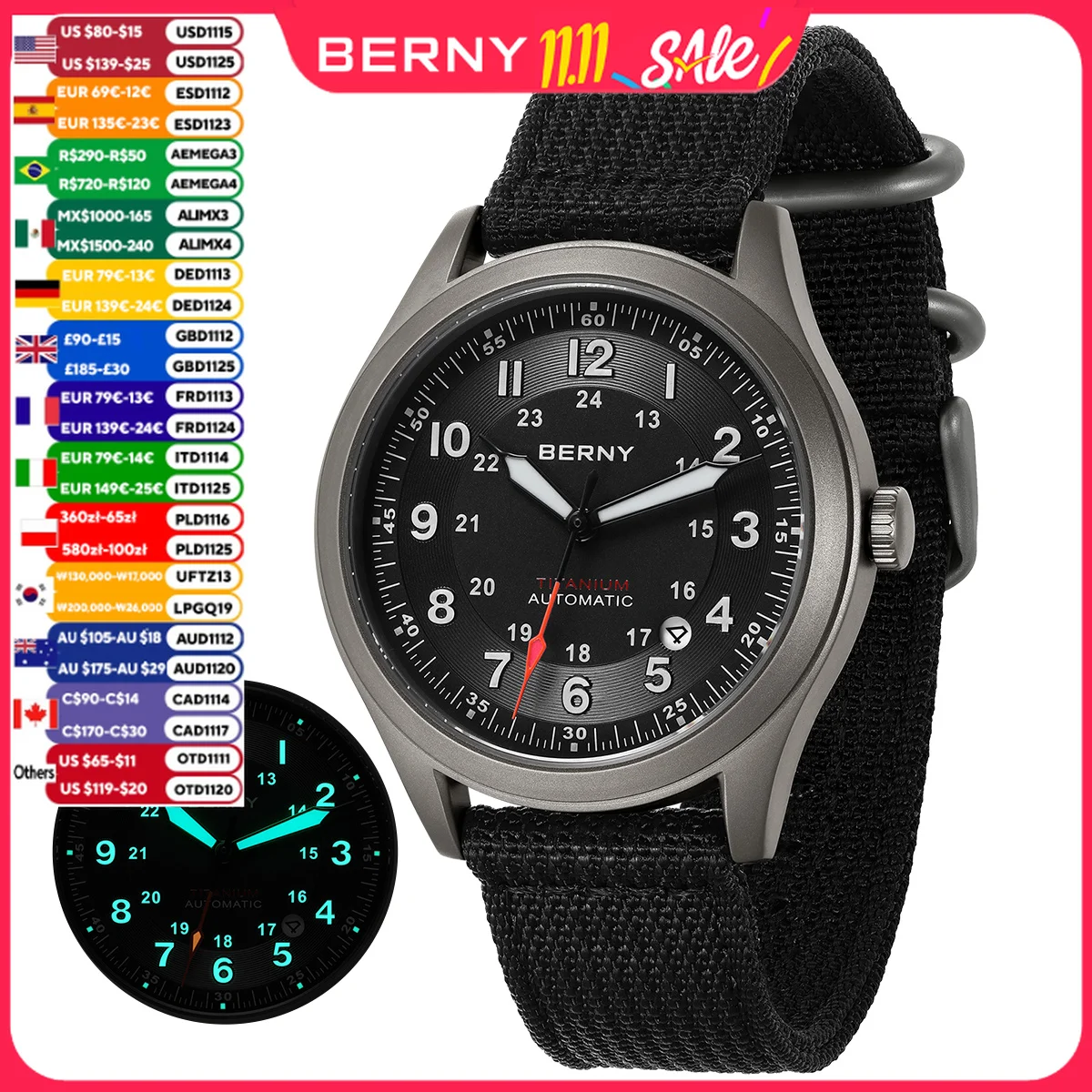BERNY Titanium Automatic Men's Field Watches Date Sapphire Super Luminous Sports Easy Read Outdoor 10ATM Mechanical Watch