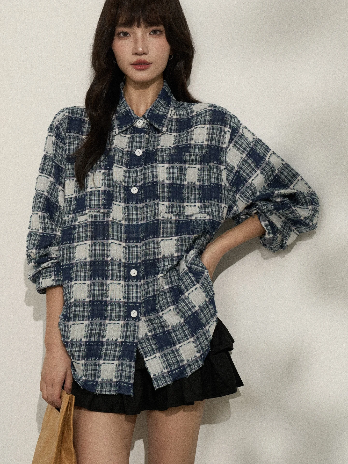 

Flower7 Heavyweight Loose Long Sve Plaid irt Coat Women's Spring Faion V-ne Cotton Casual Outerwear