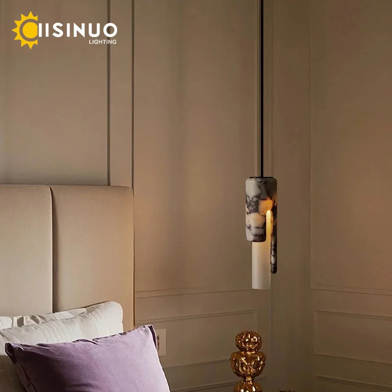Cylindrical Spanish Marble Hanging Pendant Lamps Luxury Natural Stone Bedside Lights for Home Bedroom Kitchen Living Dining Room