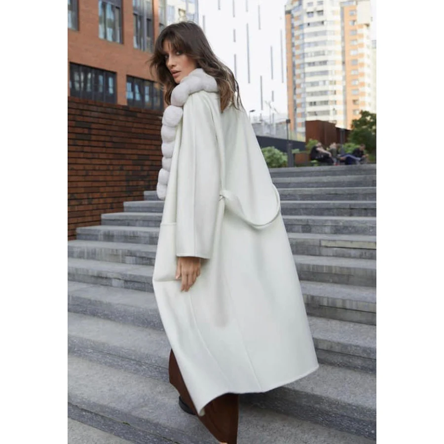 Womens Woolen Coat With Rex Rabbit Collar Wool Coats Luxury Women Natural Cashmere Coat Women 2024 Best Selling