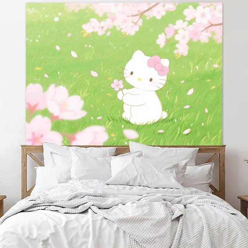 1 STÜCK Sanrio Hello Kitty Rosa Kirschblüten-Wandteppich, Kawaii Green Field Wandkunst für Wohnzimmer, Schlafzimmer, Wohnheim, Dekoration und Geschenke
