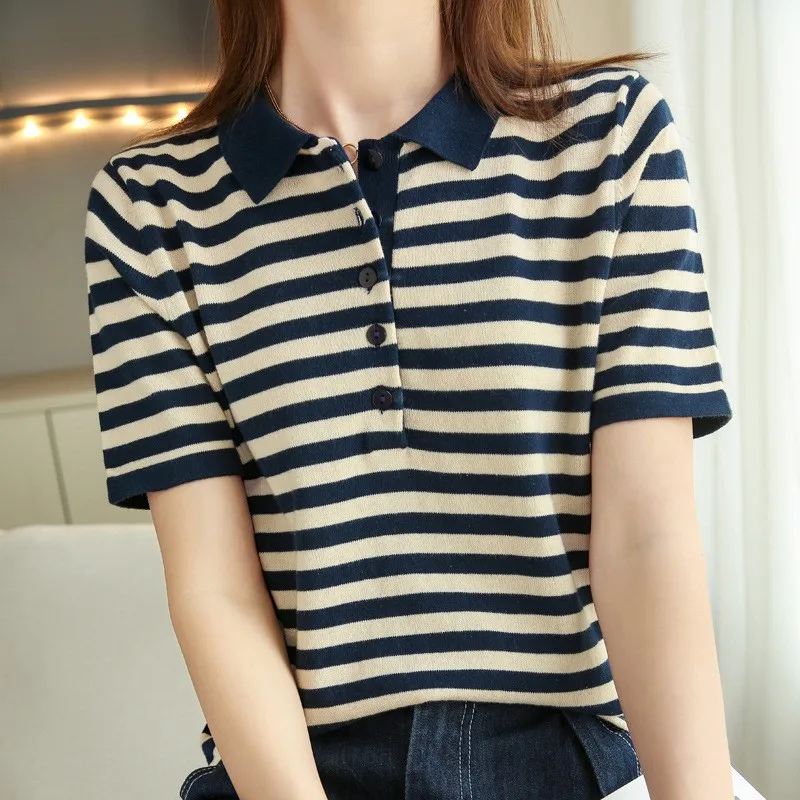 WinvyNee Summer Women 100% Cotton Striped Polo T Shirt Women Clother Tops Short Sleeve  Sweater Casual Basic Pullover A1002004