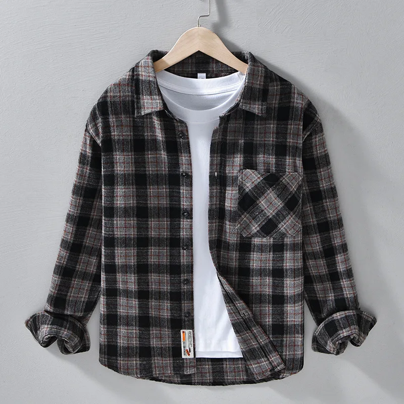 

100% хлопок, осенняя мужская флисовая куртка в клетку с длинными рукавами, модная повседневная свободная универсальная молодежная куртка в клетку