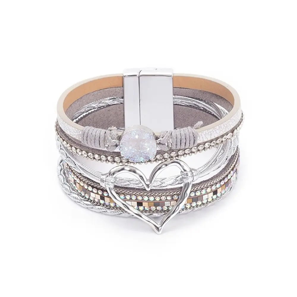 Gelang Multilapis Bohemian Kulit PU Gelang Berlapis Emas Cinta Besar Gelang Kepang Buatan Tangan Kreatif Mode