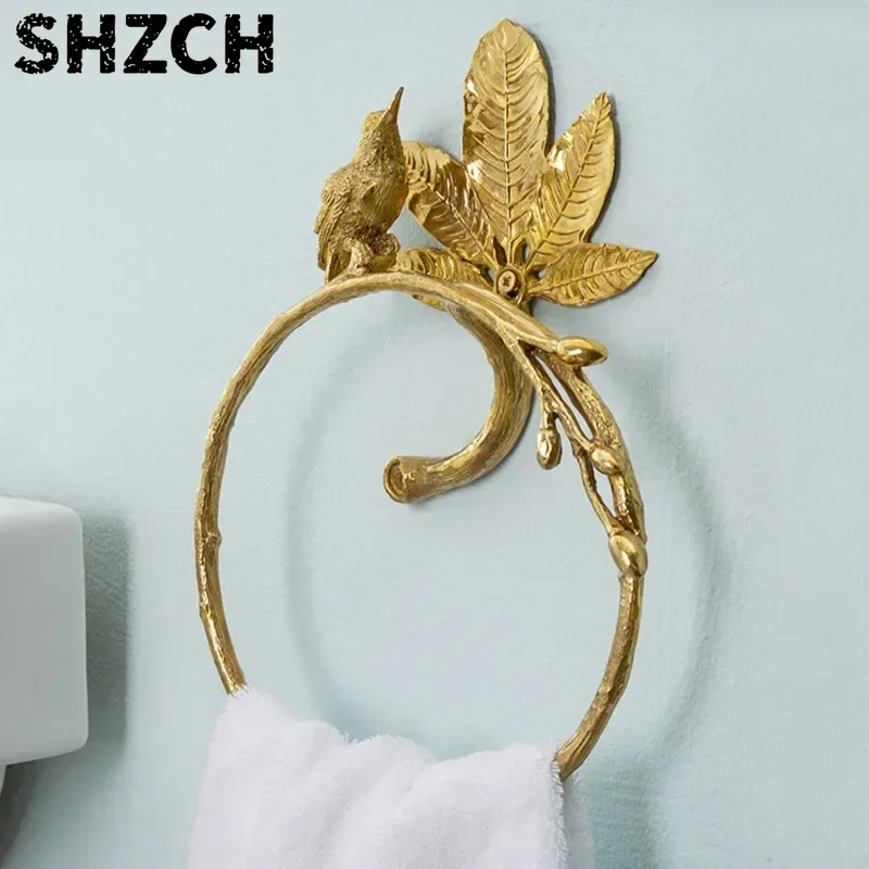 Retro Brass Bird Towel Ring Bathroom Towel Holder Perforated Wall Hanging Storage Rack Luxury Light