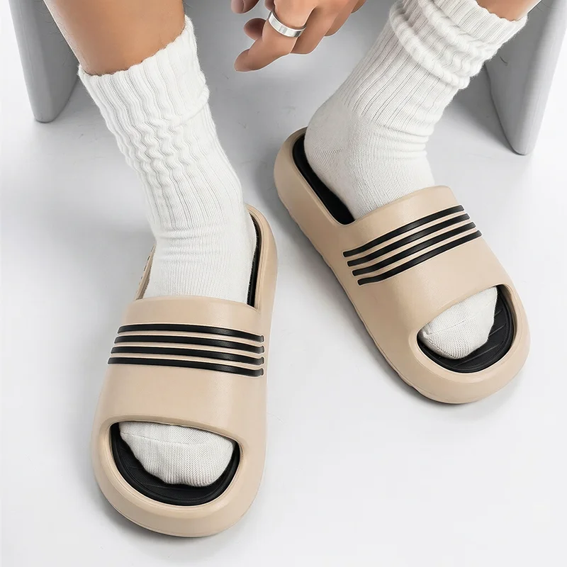Men EVA Slides Non Slip Thick Sole Summer Bathroom Anti Odor Soft Indoor House Slippers Lightweight Casual Shower Striped Sandal